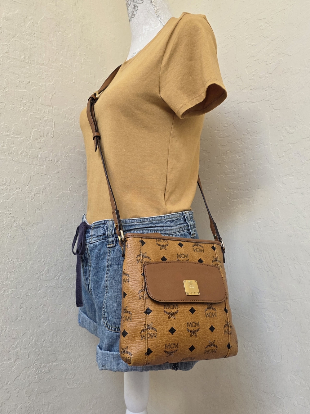 MCM Cognac Monogram Small Flat Shoulder Crossbody Bag AUTHENTIC